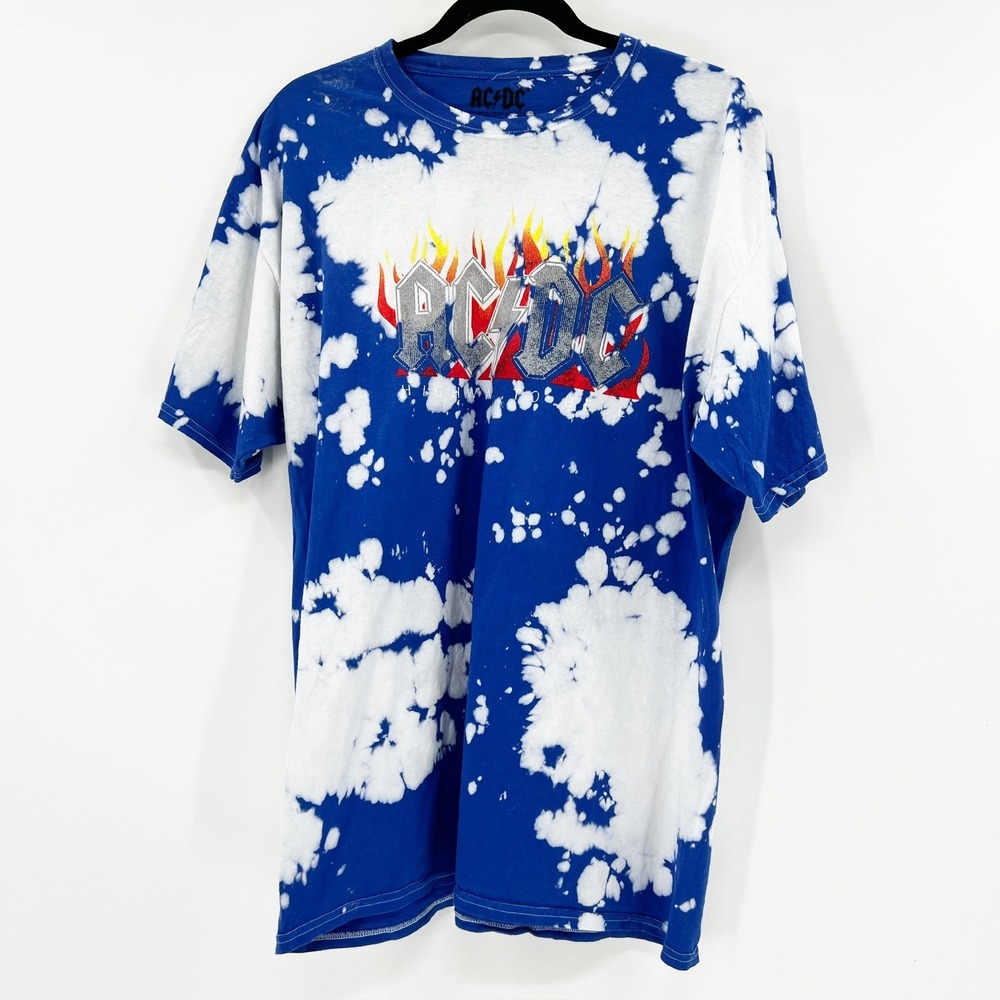 NWT ACDC Band T-Shirt Blue Tie Dye Graphic Short Sleeve Rock Music Tee L/G